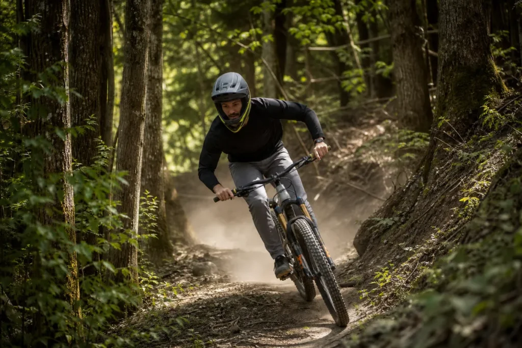 Enduro gorski kolesar na tehnicnem singltrekau skozi gozd s polno celado in sledjo prahu